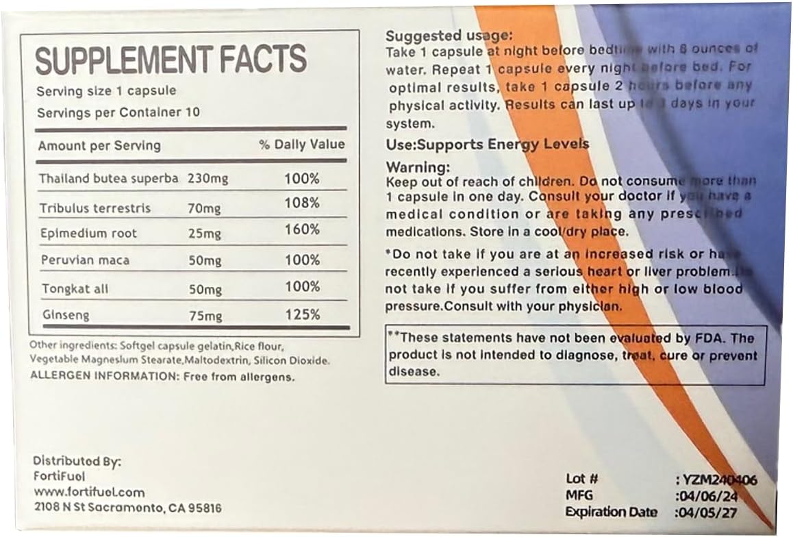 Fortifuel Male Sports Performance Nutritional Support Supplements - 10 Pack, Made in USA
