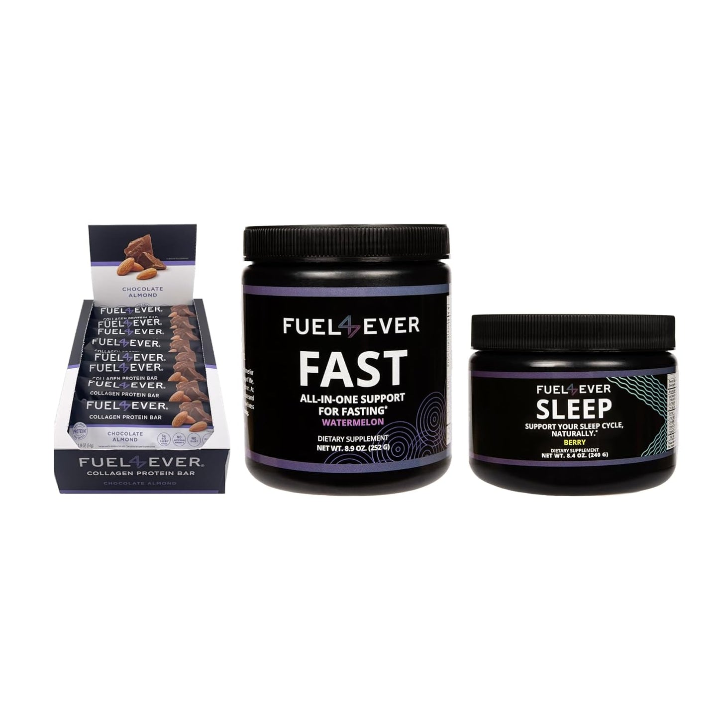 Fuel4Ever Collagen Protein Bars Chocolate Almond + Fast Intermittent Fasting Powder Watermelon + SLEEP Supplement Berry