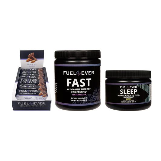 Fuel4Ever Collagen Protein Bars Chocolate Almond + Fast Intermittent Fasting Powder Watermelon + SLEEP Supplement Berry