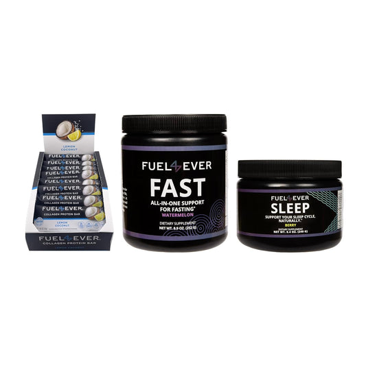Fuel4Ever Collagen Protein Bars Lemon Coconut + Fast Intermittent Fasting Powder Watermelon + SLEEP Supplement Berry Flavor