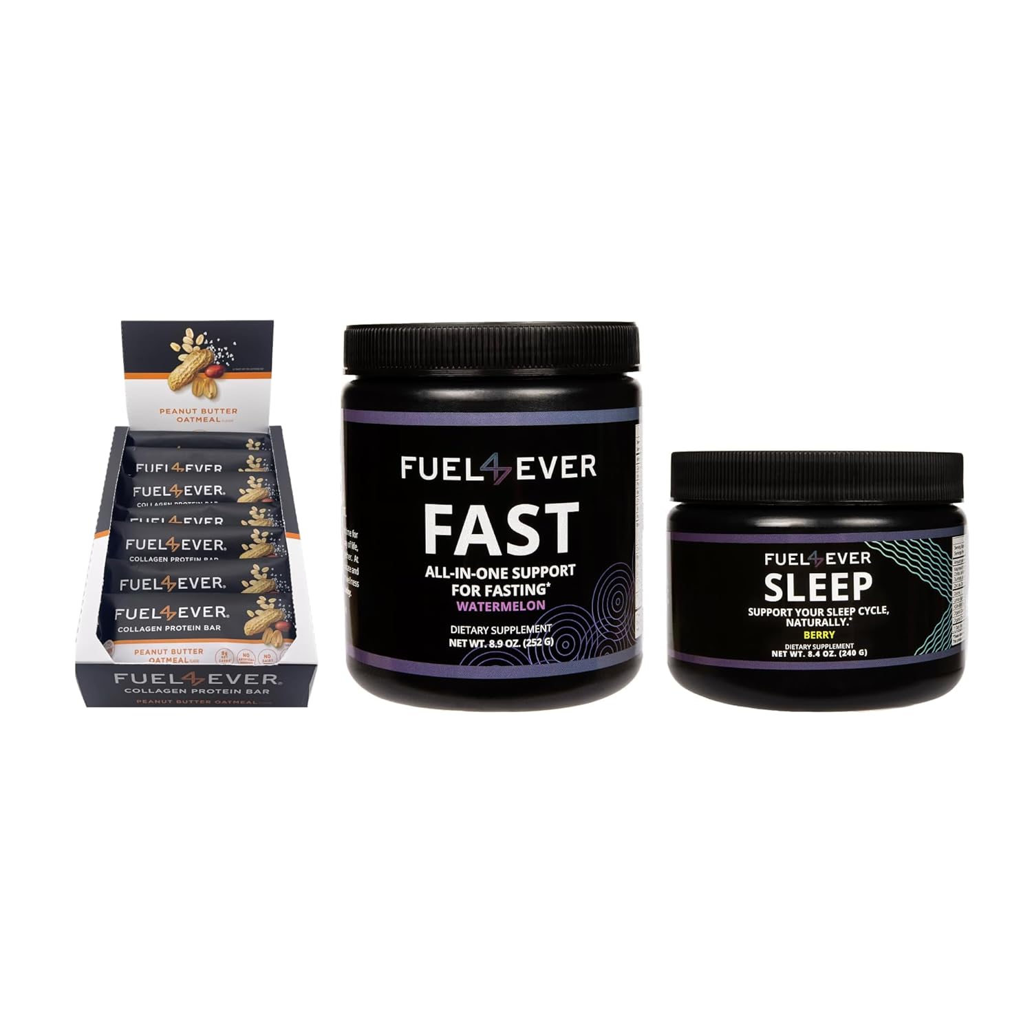 Fuel4Ever Collagen Protein Bars Peanut Butter Oatmeal, Watermelon Fast Intermittent Fasting Powder, and Berry SLEEP Supplement