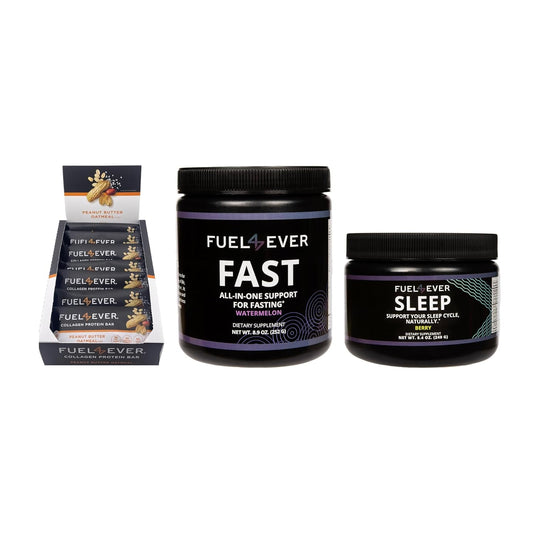 Fuel4Ever Collagen Protein Bars Peanut Butter Oatmeal, Watermelon Fast Intermittent Fasting Powder, and Berry SLEEP Supplement
