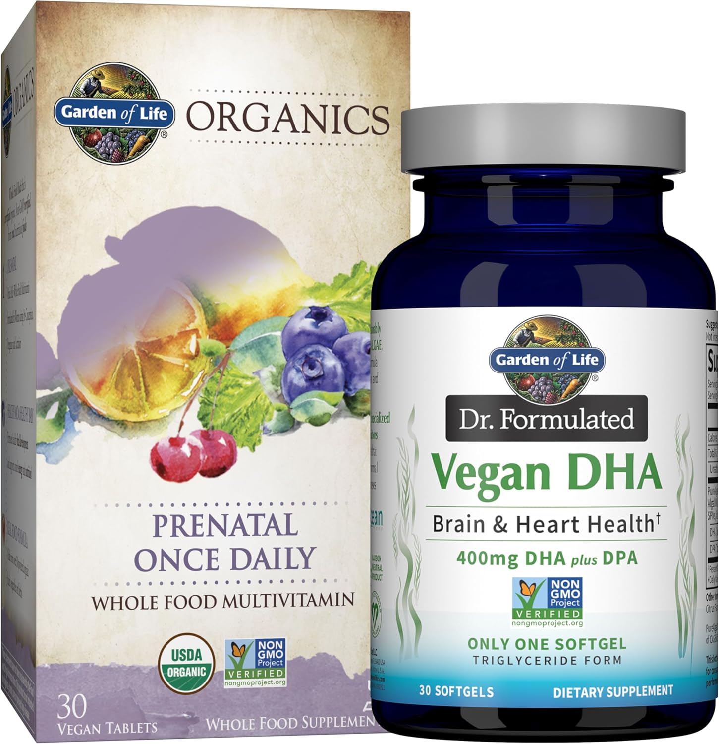 Garden of Life Vegan DHA + Prenatal Multi Bundle: Dr Formulated DHA + Prenatal Multivitamins for Women's Health