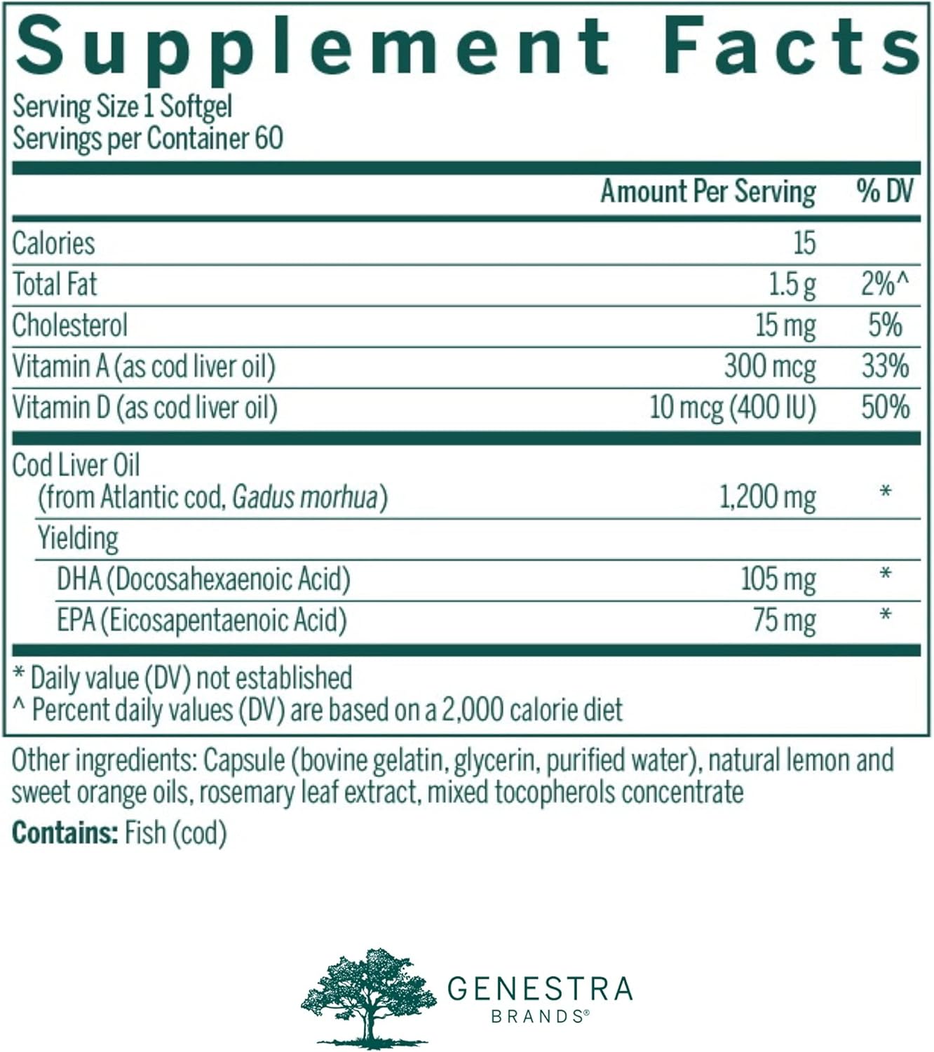 Genestra Brands Cod Liver Oil DHA-EPA Forte Capsules | 60 Softgels with Vitamin A and D for Omega-3 Support