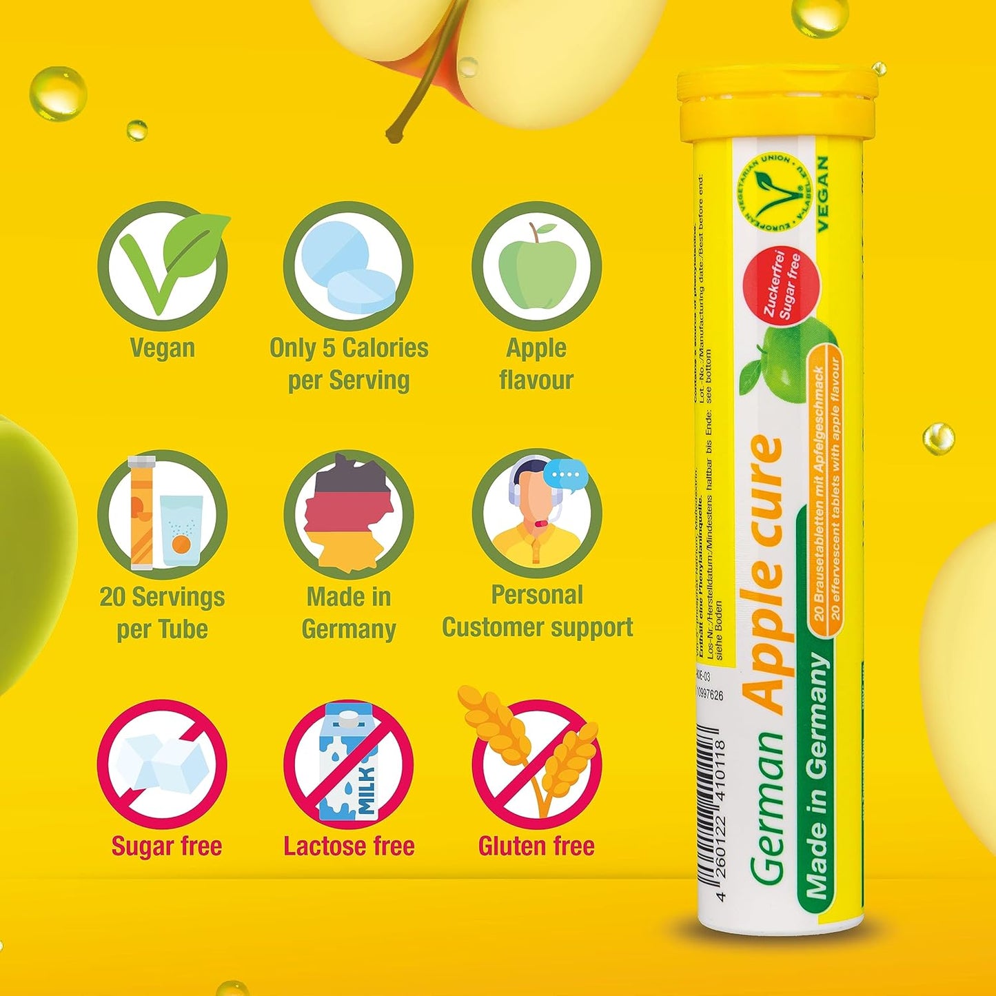 German Apple Cure Effervescent Tablets - 240 Vegan Drink Tablets - Apple Flavor - Made in Germany