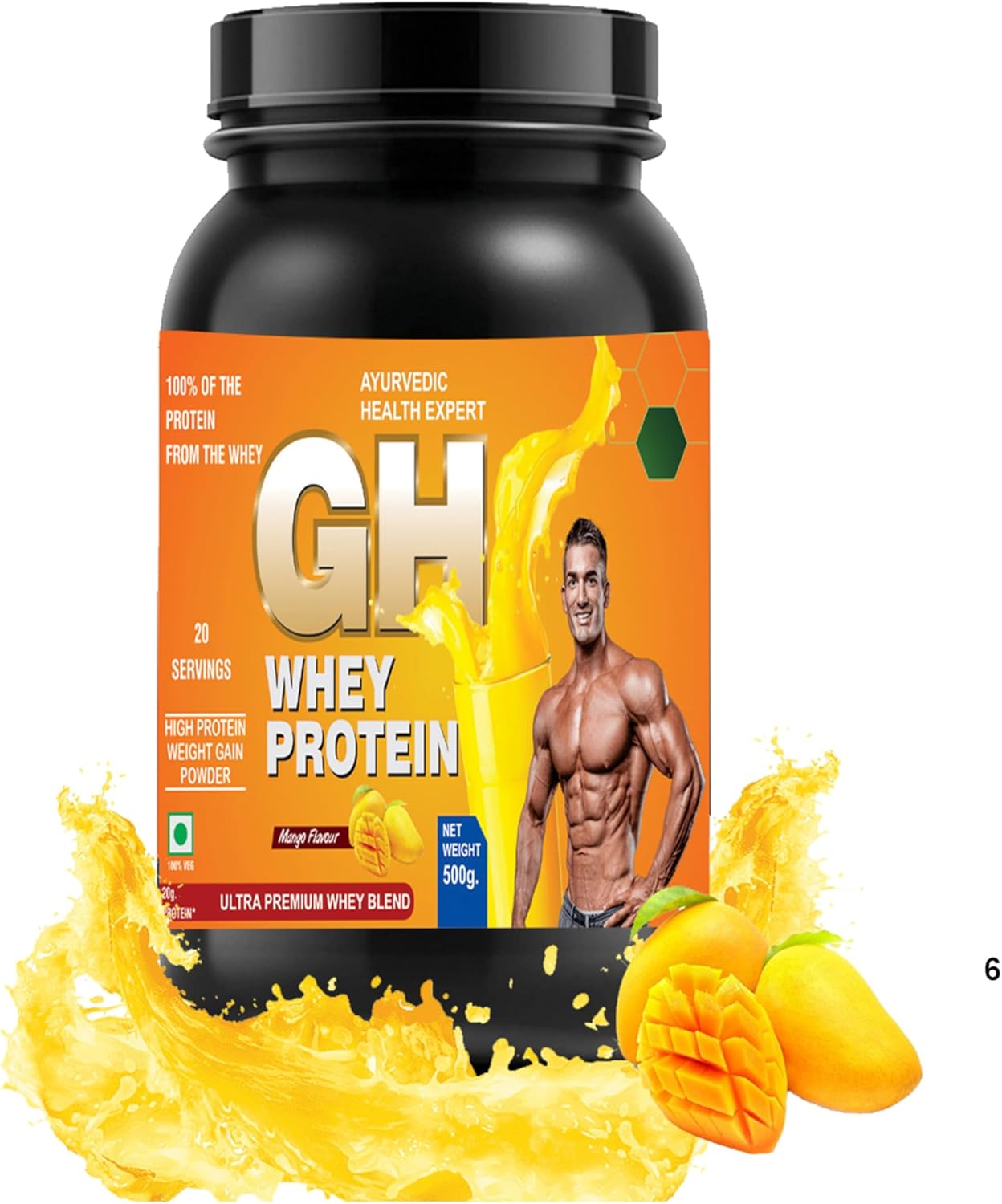 GH Whey Protein: Ayurvedic Health Expert Formula for Faster Recovery & Lean Muscle Growth - 1.1lbs Mango Flavor