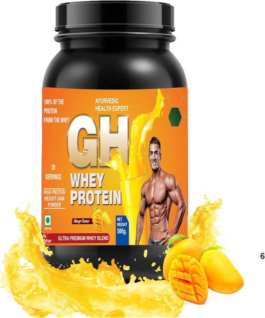 GH Whey Protein: Ayurvedic Health Expert Formula for Faster Recovery & Lean Muscle Growth - 1.1lbs Mango Flavor