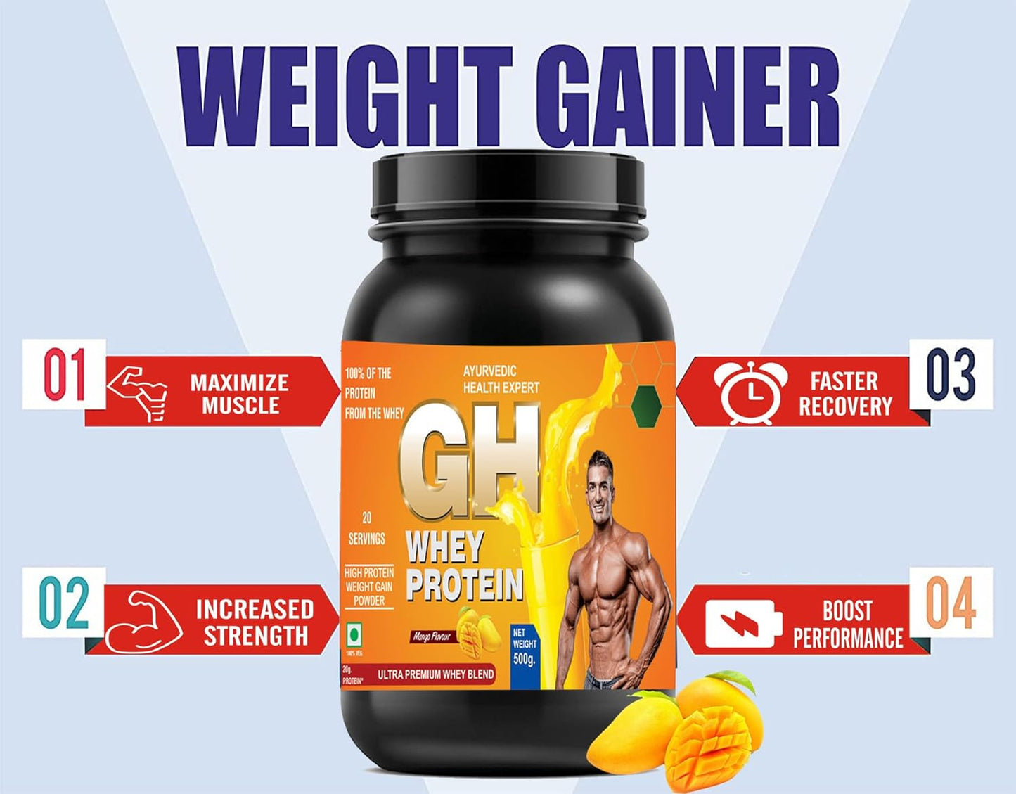 GH Whey Protein: Ayurvedic Health Expert Formula for Faster Recovery & Lean Muscle Growth - 1.1lbs Mango Flavor
