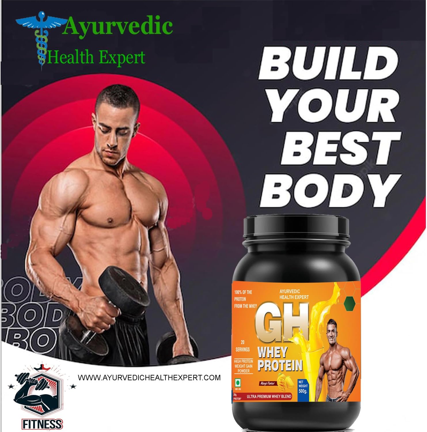 GH Whey Protein: Ayurvedic Health Expert Formula for Faster Recovery & Lean Muscle Growth - 1.1lbs Mango Flavor