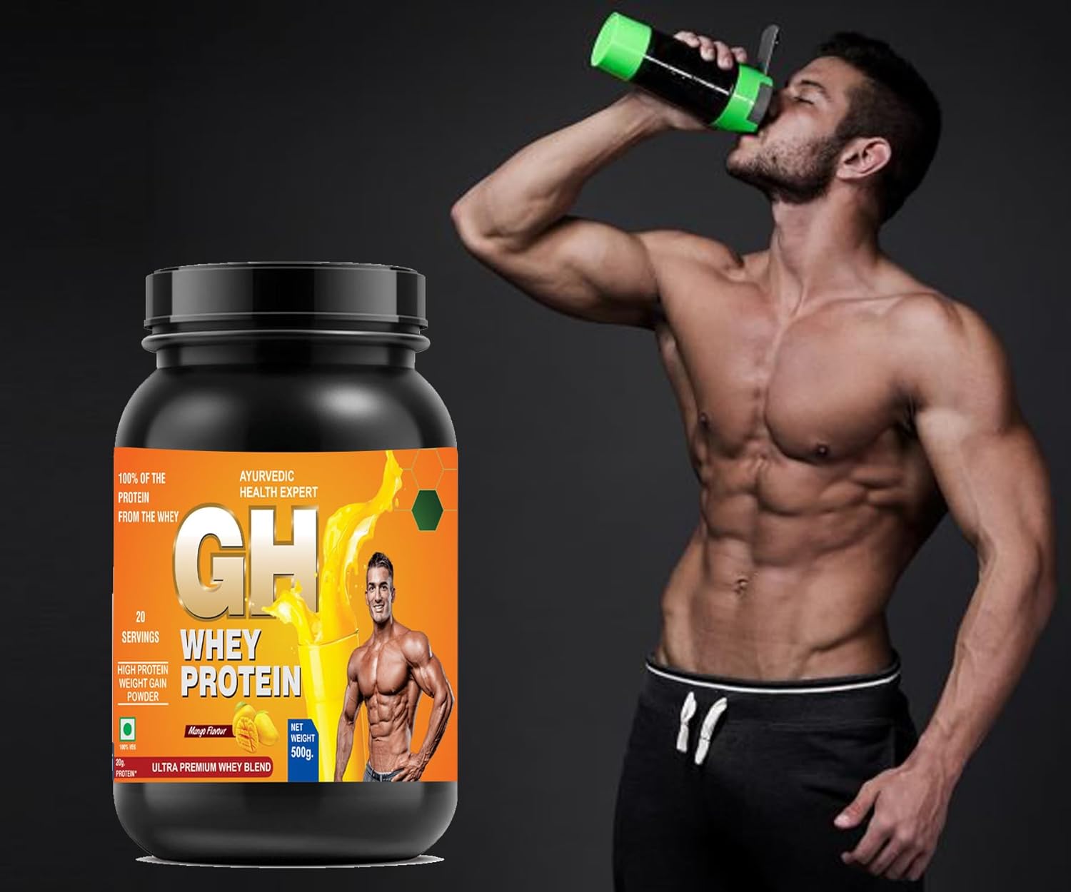 GH Whey Protein: Ayurvedic Health Expert Formula for Faster Recovery & Lean Muscle Growth - 1.1lbs Mango Flavor