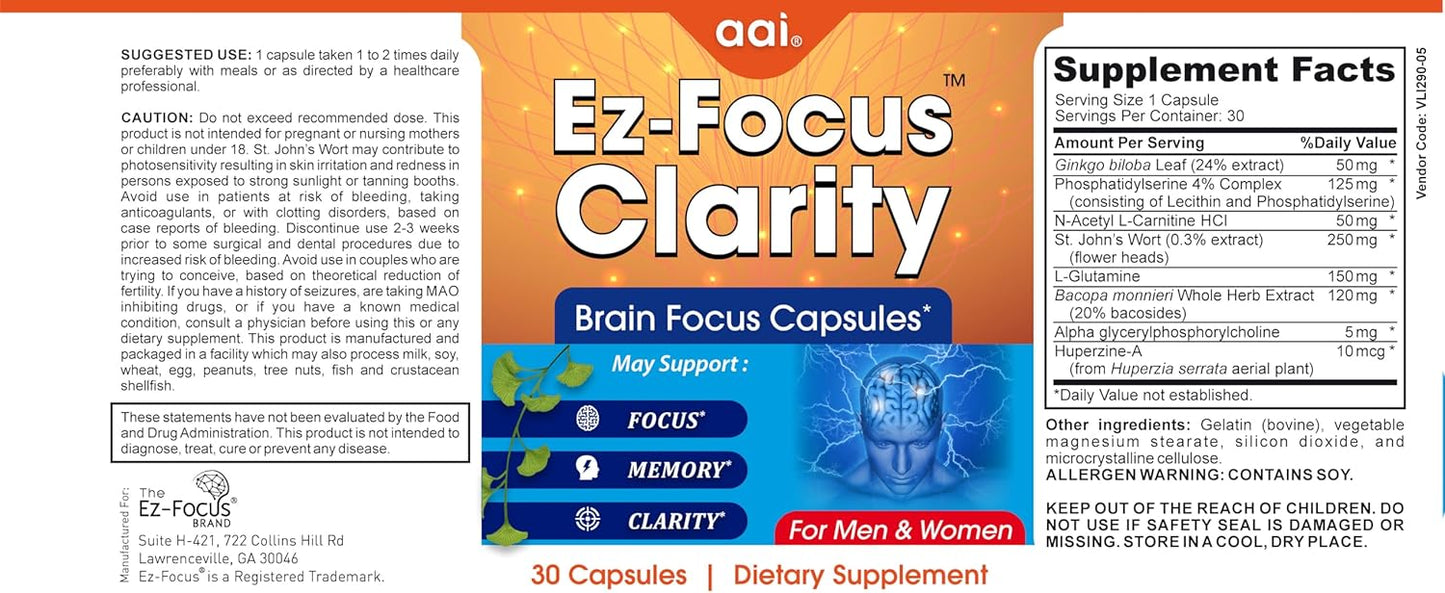 Ginkgo Biloba Memory and Focus Supplements - Nootropic for Brain Health and Alertness - 60 Capsules