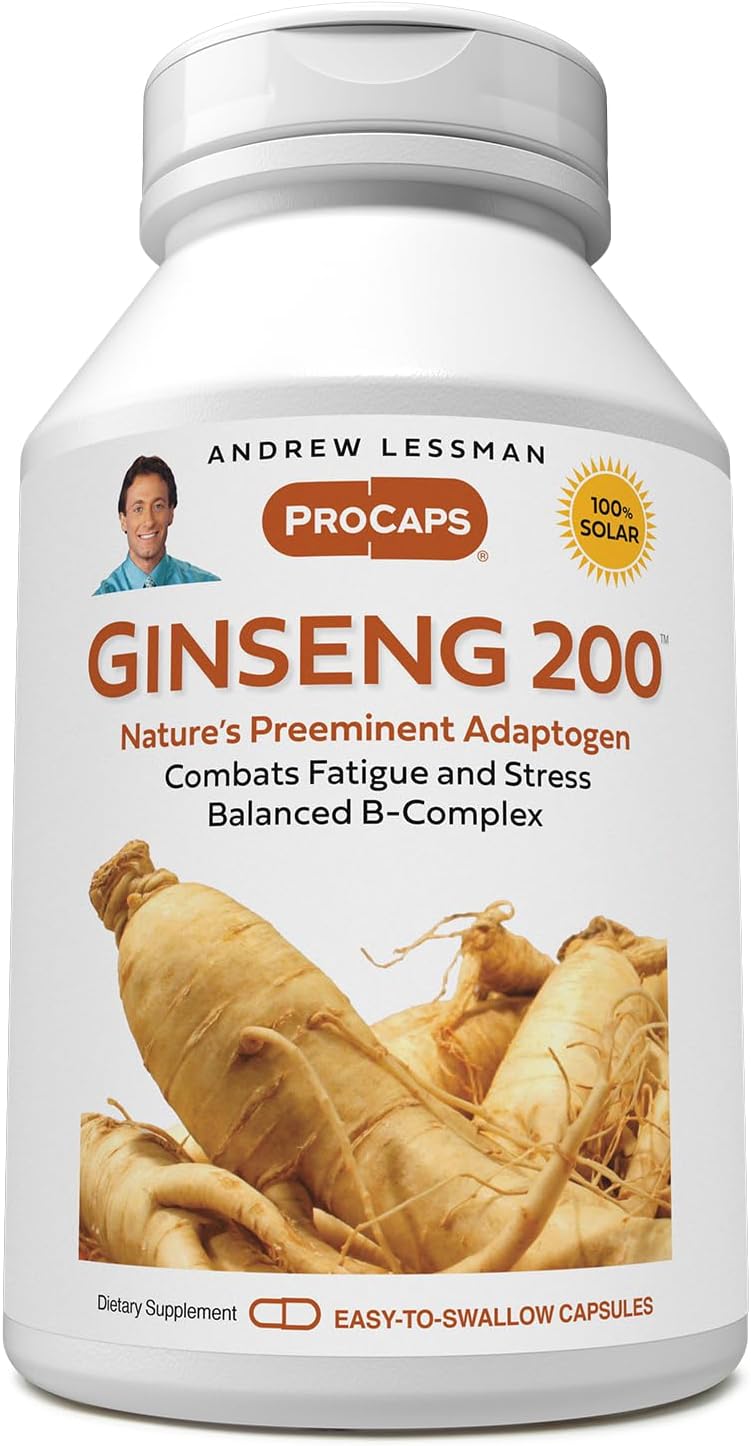 Ginseng 200 Capsules - Standardized Extract for Well-Being, Fatigue, and Stress Relief - Easy-to-Swallow Adaptogen Supplement