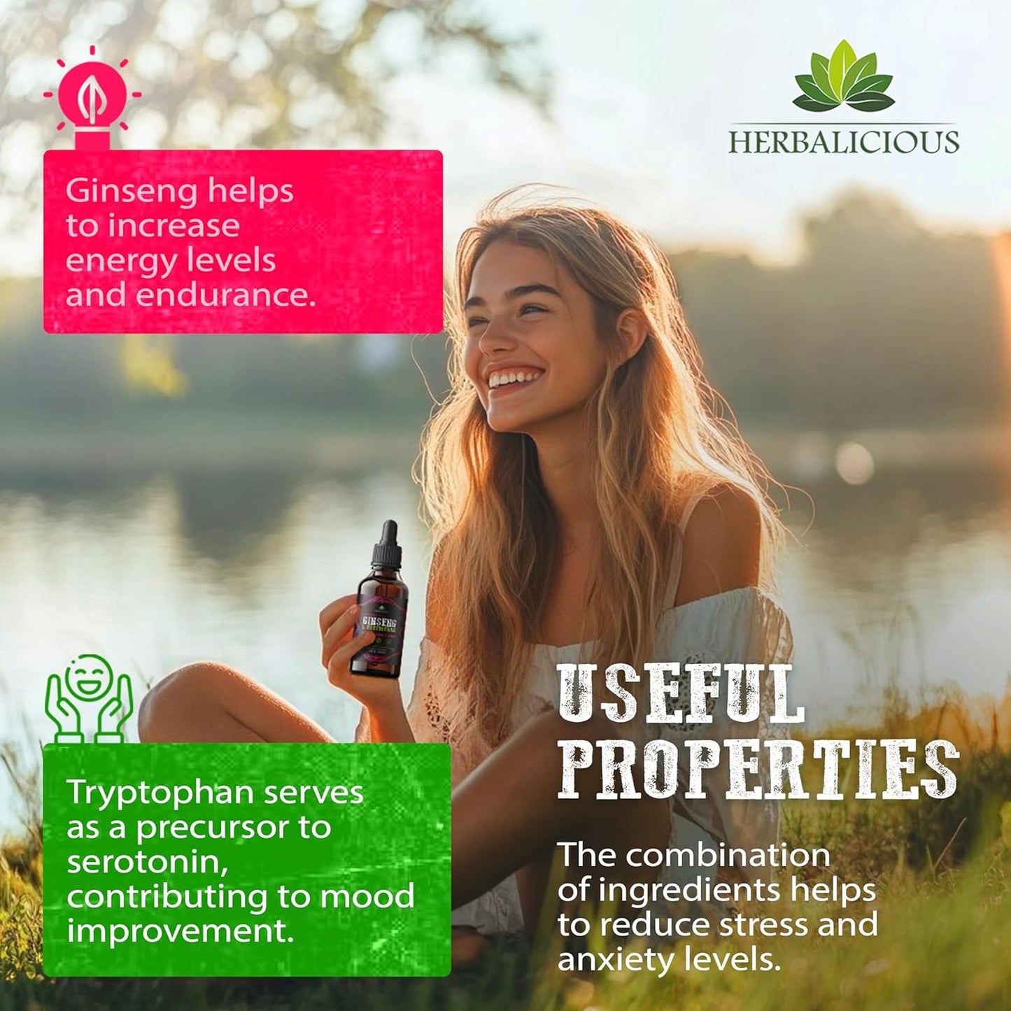 Ginseng L-Tryptophan Liquid Extract with Ashwagandha, Ginkgo, Red Korean Panax - Cognitive Support, Stress Relief, Energy Booster - 4 fl oz