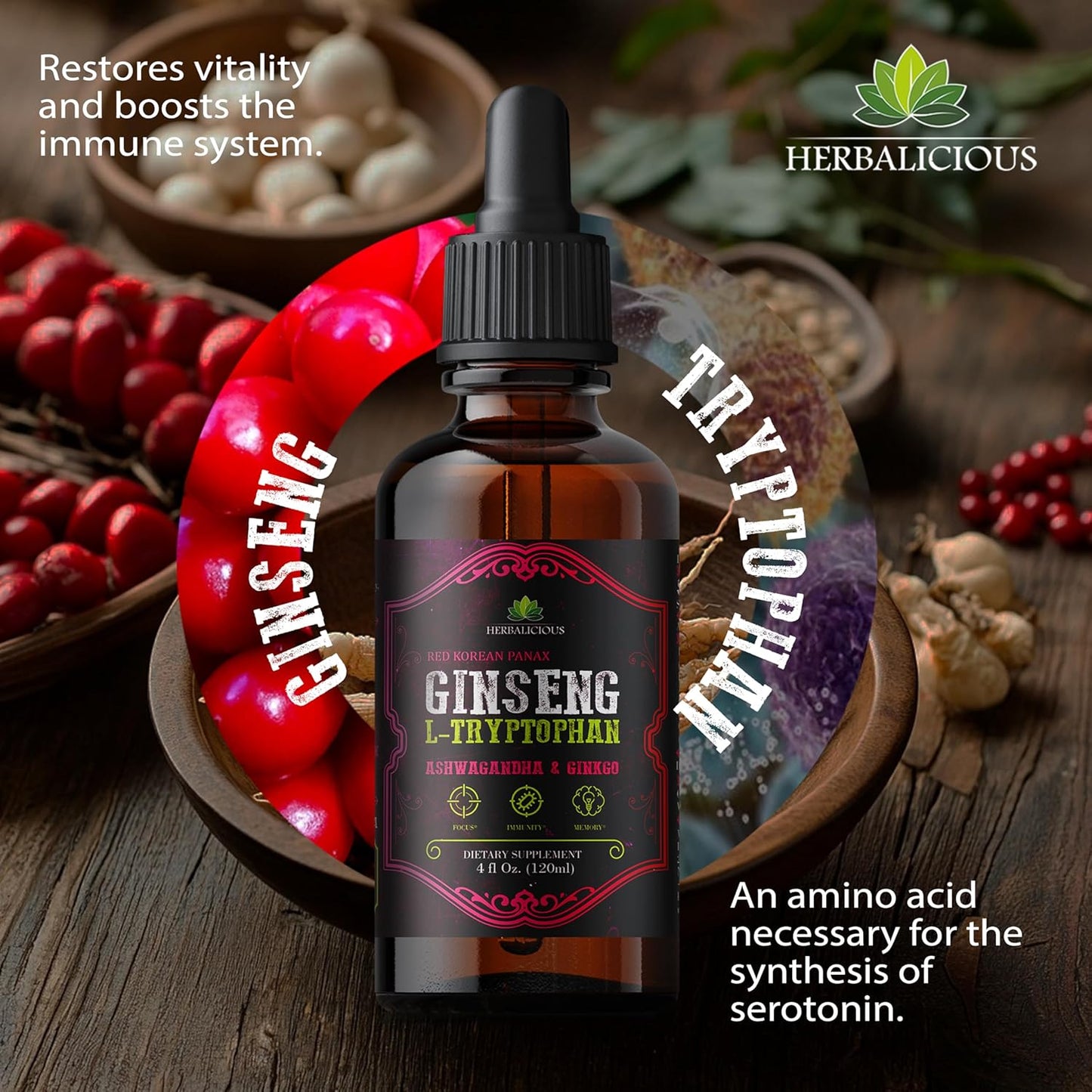 Ginseng L-Tryptophan Liquid Extract with Ashwagandha, Ginkgo, Red Korean Panax - Cognitive Support, Stress Relief, Energy Booster - 4 fl oz