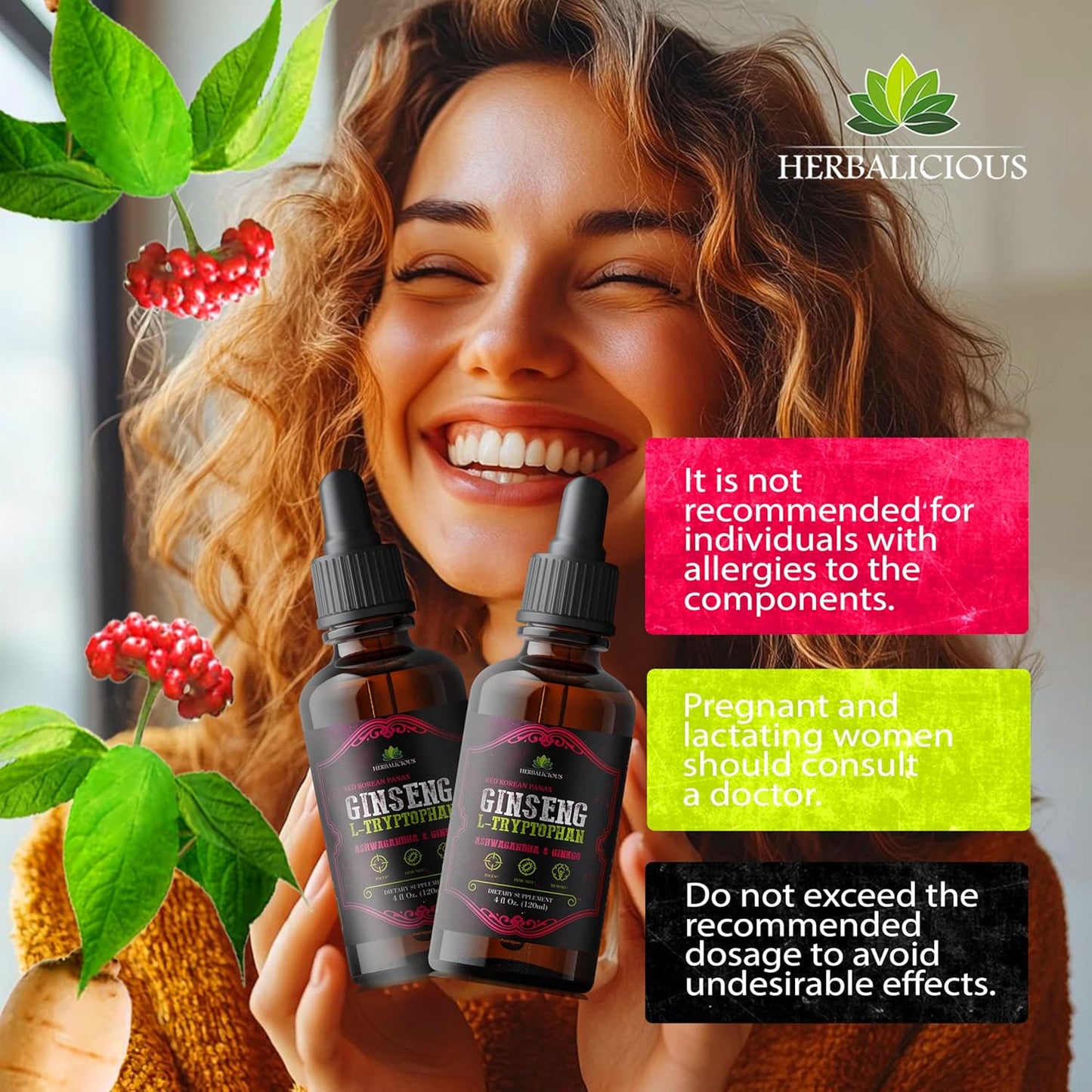 Ginseng L-Tryptophan Liquid Extract with Ashwagandha, Ginkgo, Red Korean Panax - Cognitive Support, Stress Relief, Energy Booster - 4 fl oz