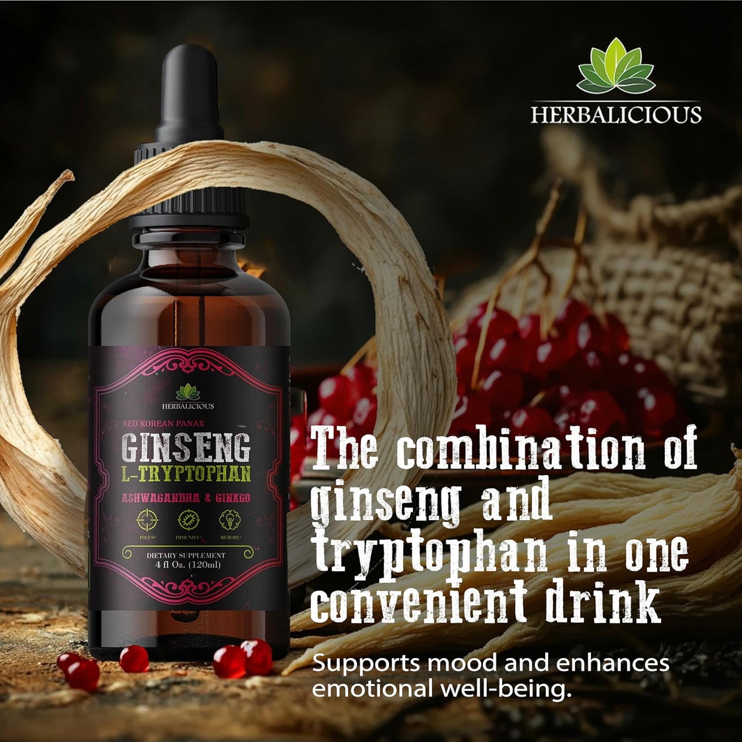 Ginseng L-Tryptophan Liquid Extract with Ashwagandha, Ginkgo, Red Korean Panax - Cognitive Support, Stress Relief, Energy Booster - 4 fl oz