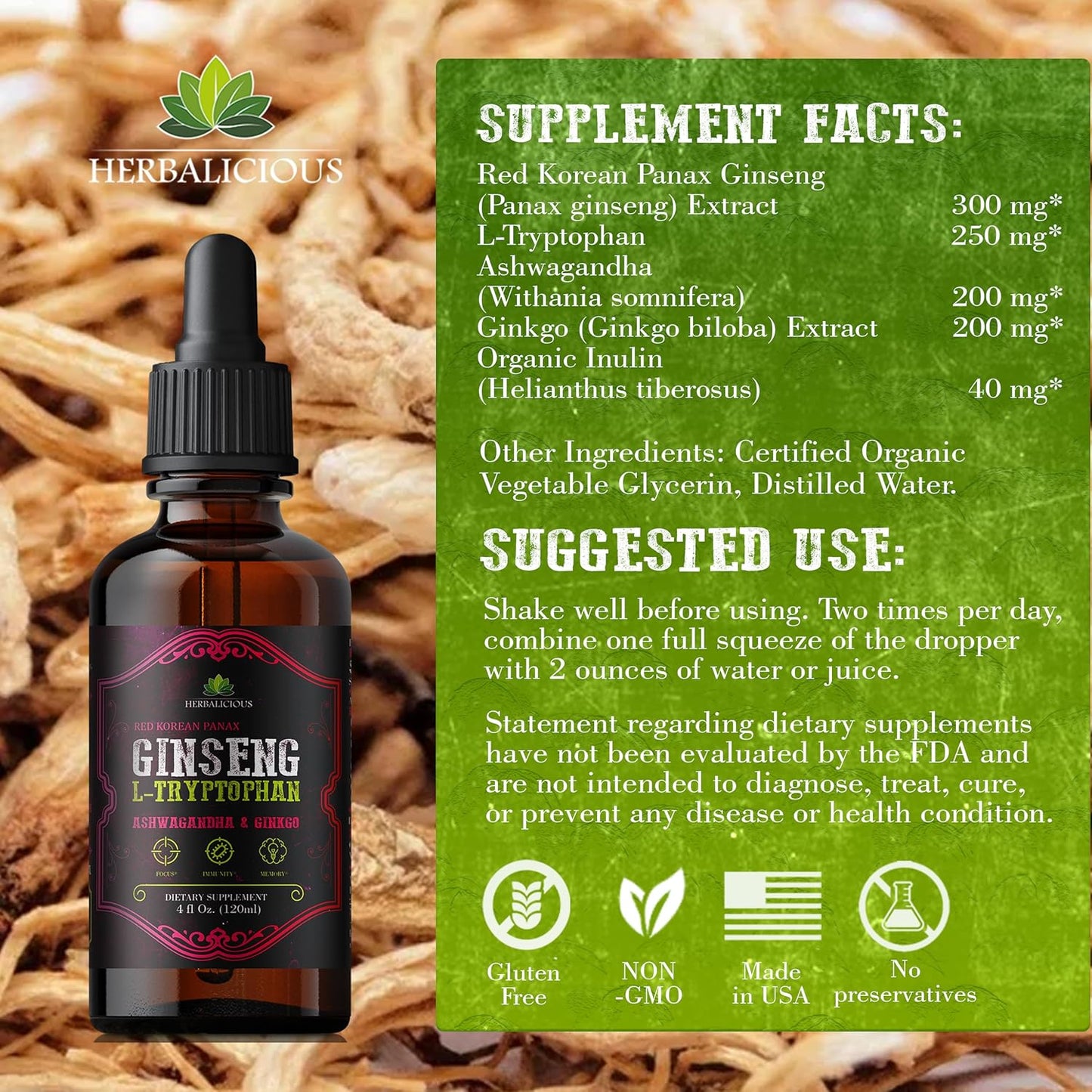 Ginseng L-Tryptophan Liquid Extract with Ashwagandha, Ginkgo, Red Korean Panax - Cognitive Support, Stress Relief, Energy Booster - 4 fl oz