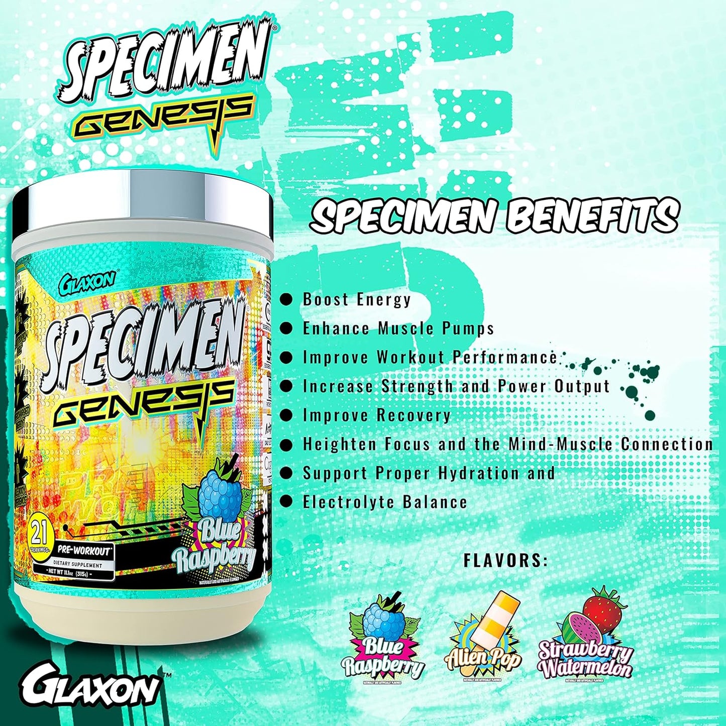 Glaxon Specimen Full Spectrum High Stimulant Pre-Workout Powder - Supercharged Energy & Muscle Pumps, Focus, Hydration - Blue Raspberry V3