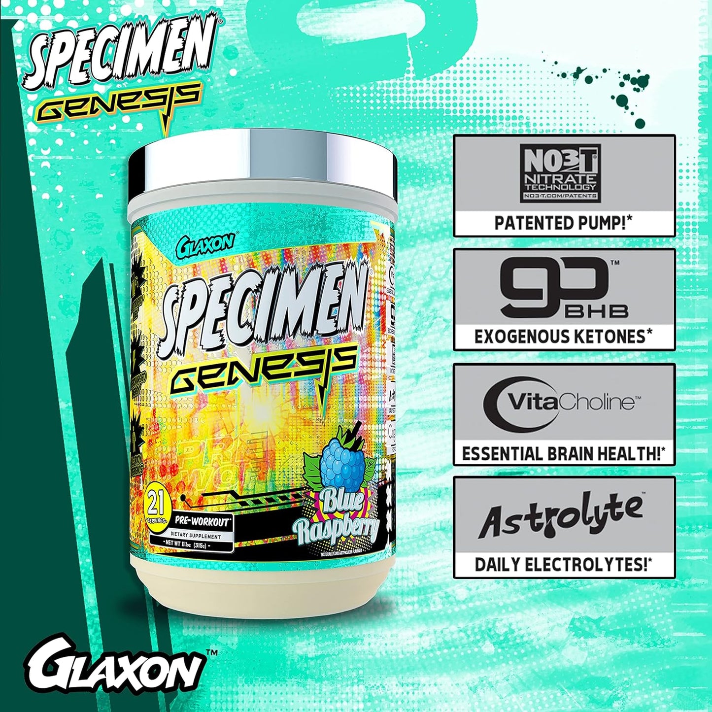 Glaxon Specimen Full Spectrum High Stimulant Pre-Workout Powder - Supercharged Energy & Muscle Pumps, Focus, Hydration - Blue Raspberry V3