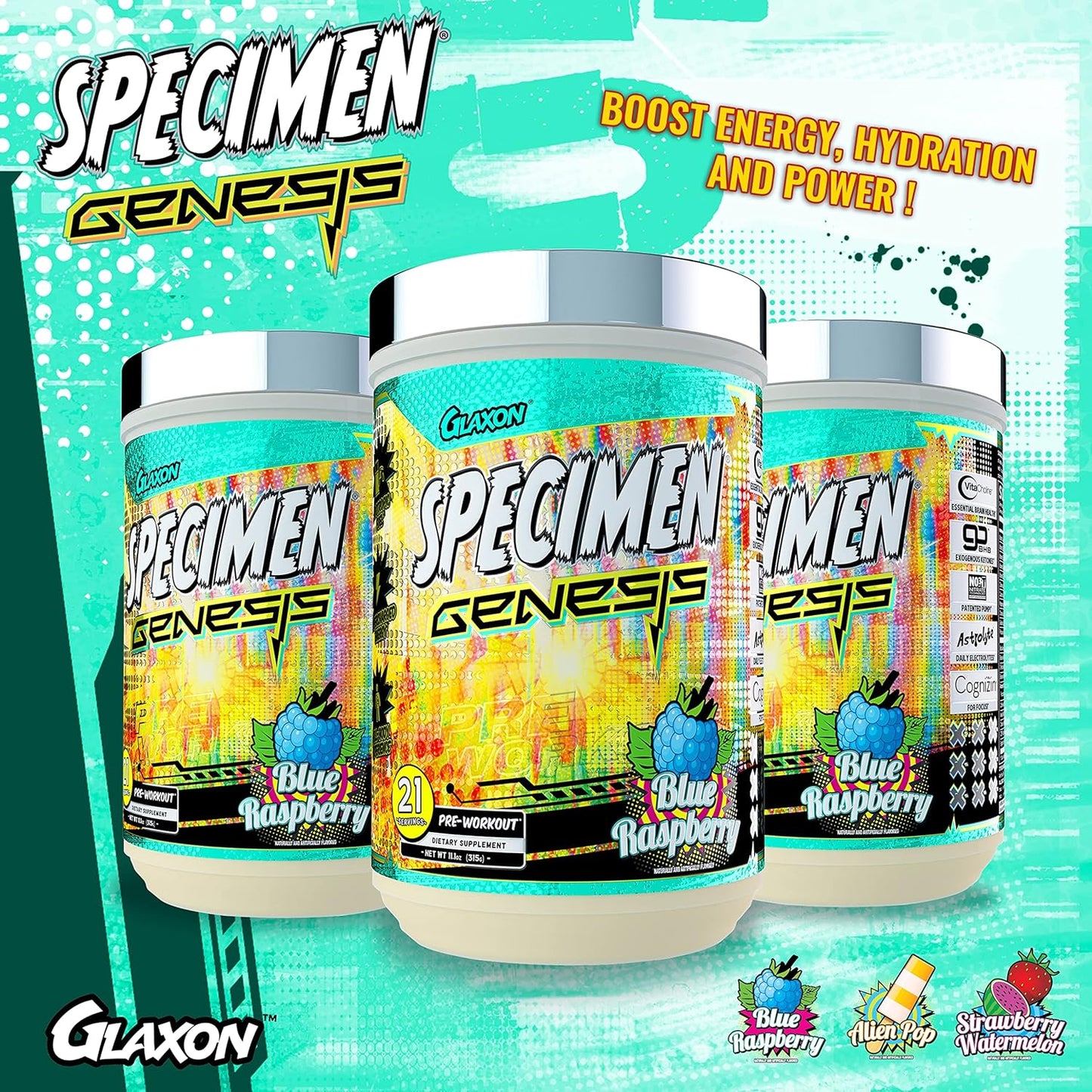 Glaxon Specimen Full Spectrum High Stimulant Pre-Workout Powder - Supercharged Energy & Muscle Pumps, Focus, Hydration - Blue Raspberry V3