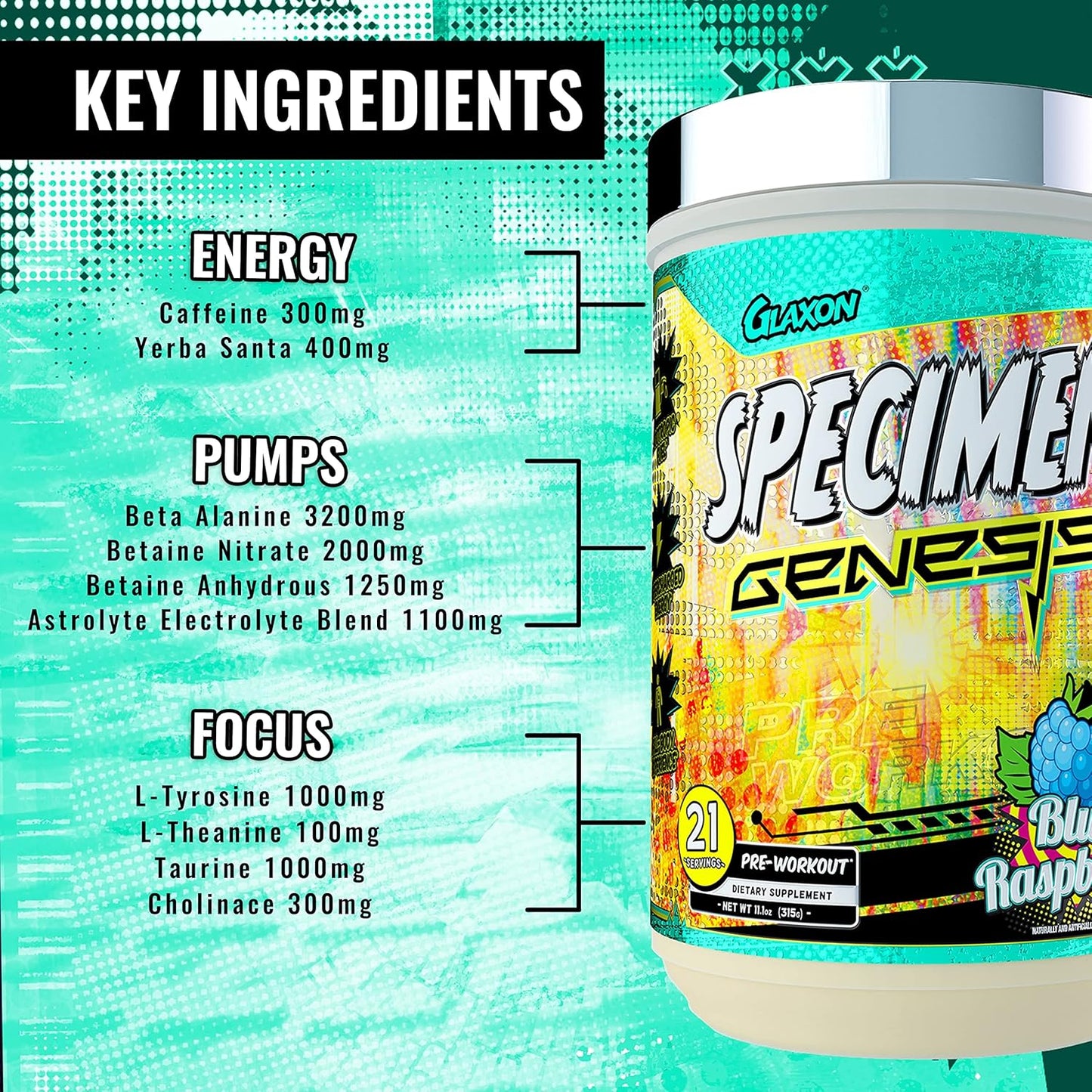 Glaxon Specimen Full Spectrum High Stimulant Pre-Workout Powder - Supercharged Energy & Muscle Pumps, Focus, Hydration - Blue Raspberry V3