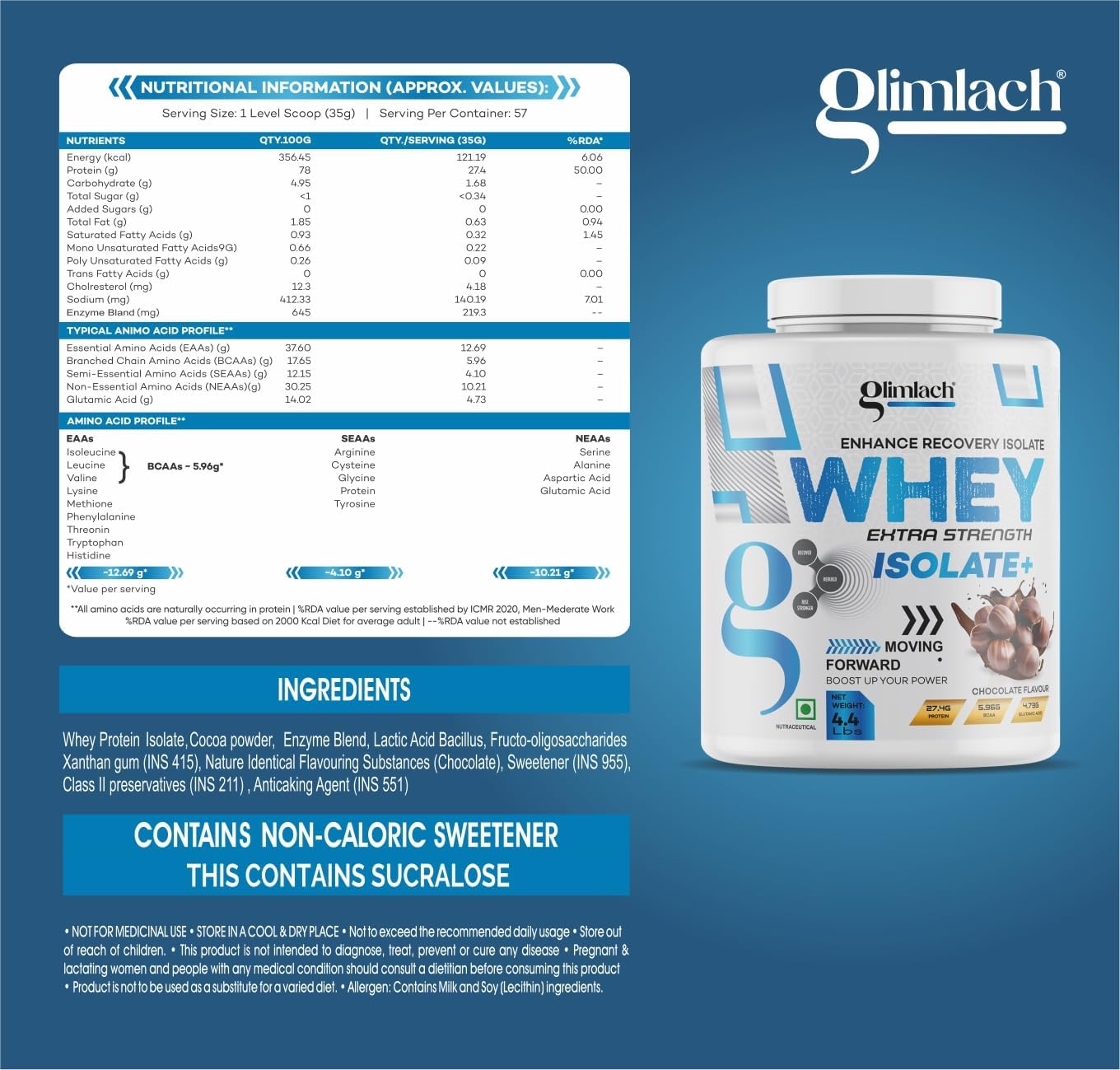 GLIMLACH Whey Isolate Protein Powder - Extra Strength Formula for Muscle Recovery - Vegetarian-Friendly - Primary Source (4.4LBS, Chocolate)