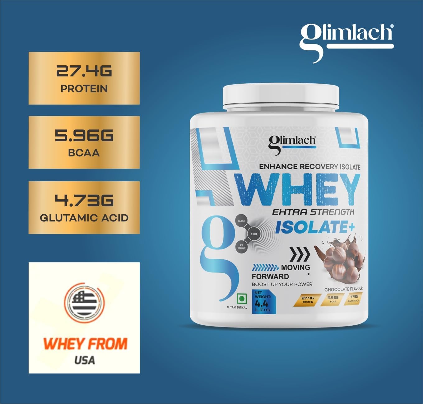 GLIMLACH Whey Isolate Protein Powder - Extra Strength Formula for Muscle Recovery - Vegetarian-Friendly - Primary Source (4.4LBS, Chocolate)