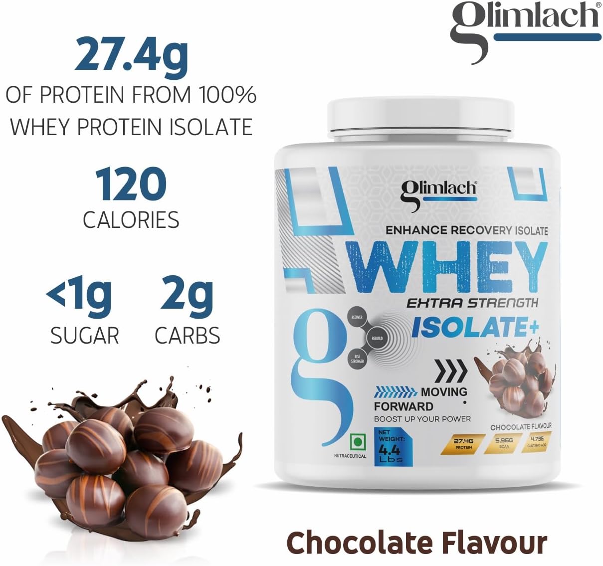 GLIMLACH Whey Isolate Protein Powder - Extra Strength Formula for Muscle Recovery - Vegetarian-Friendly - Primary Source (4.4LBS, Chocolate)