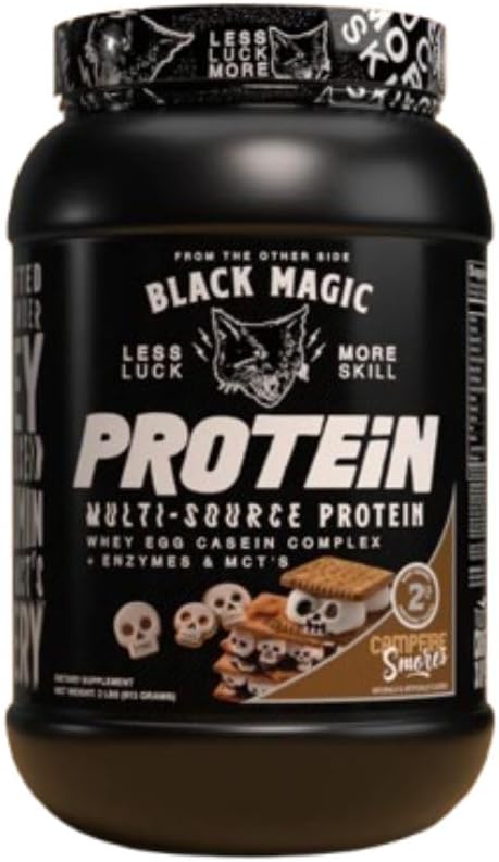 Global Nutrition Bundle for Black Magic Protein Powder - 2LB Campfire Smores Flavor with Whey, Egg, & Casein Complex, Enzymes, MCT, and Keychain