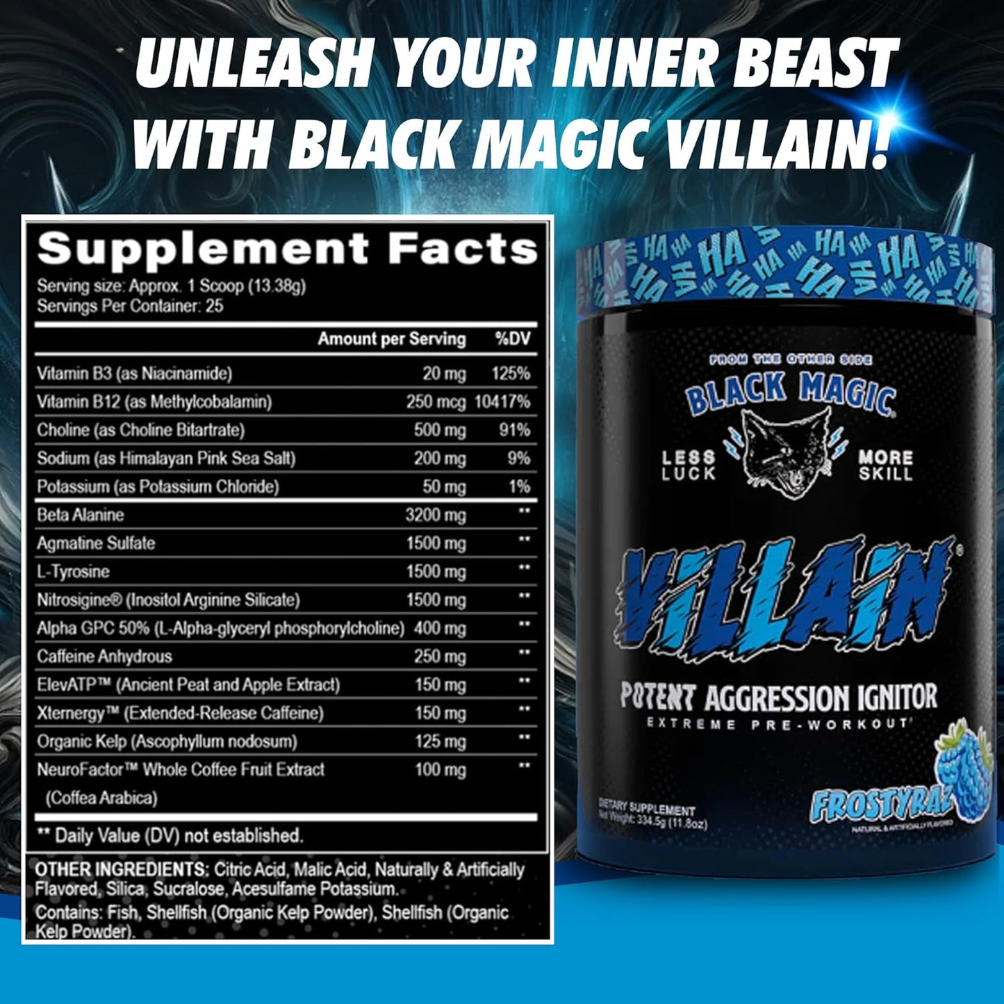 Global Nutrition Bundle for Black Magic Supply Frosty Blue Villain Pre Workout - Beta-Alanine, L-Tyrosine, Caffeine - 25 Servings + Keychain