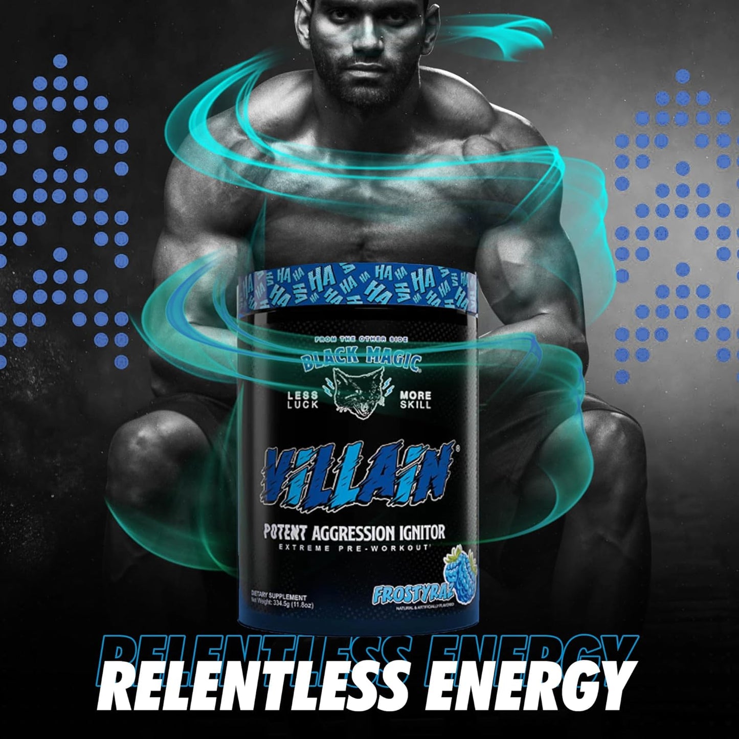Global Nutrition Bundle for Black Magic Supply Frosty Blue Villain Pre Workout - Beta-Alanine, L-Tyrosine, Caffeine - 25 Servings + Keychain