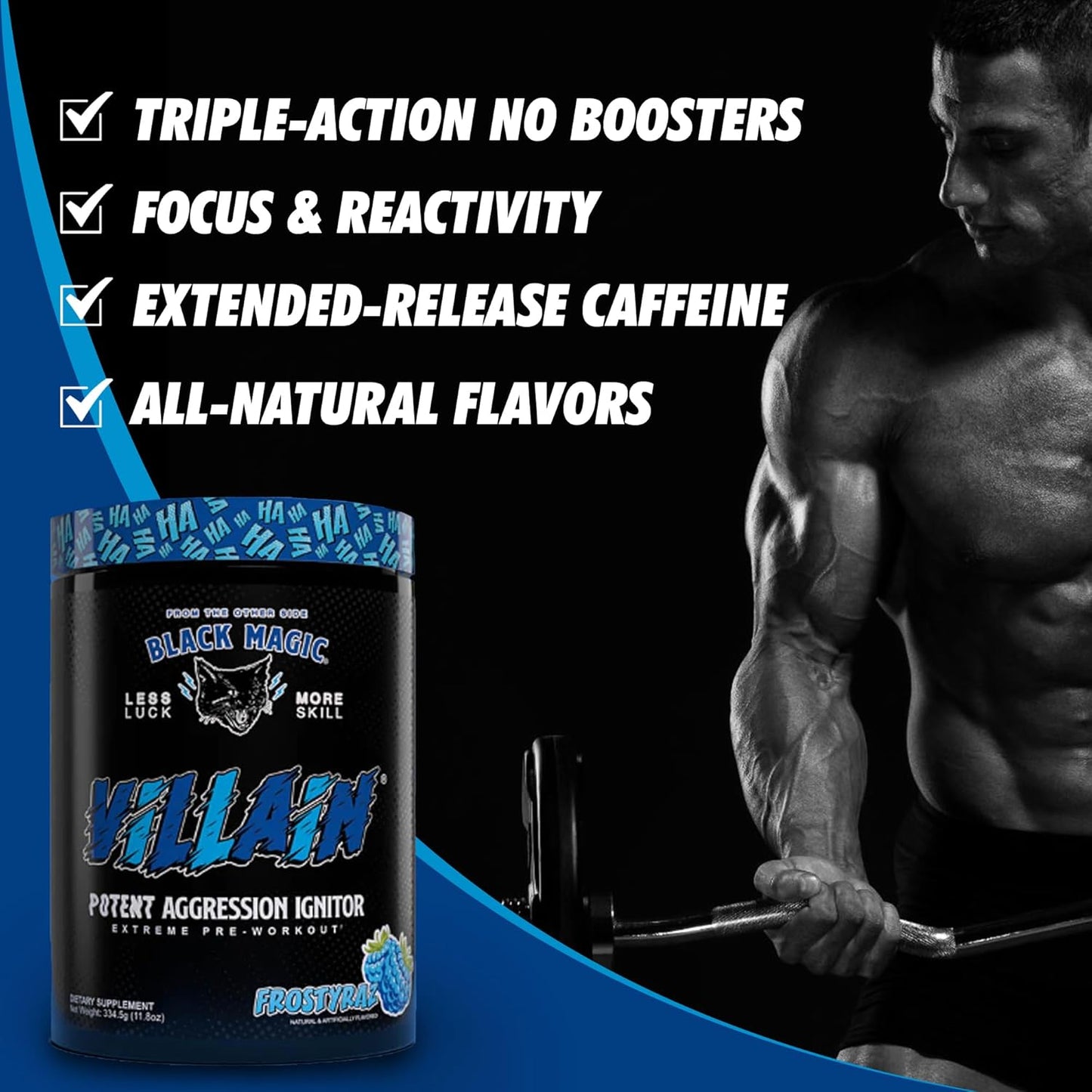 Global Nutrition Bundle for Black Magic Supply Frosty Blue Villain Pre Workout - Beta-Alanine, L-Tyrosine, Caffeine - 25 Servings + Keychain