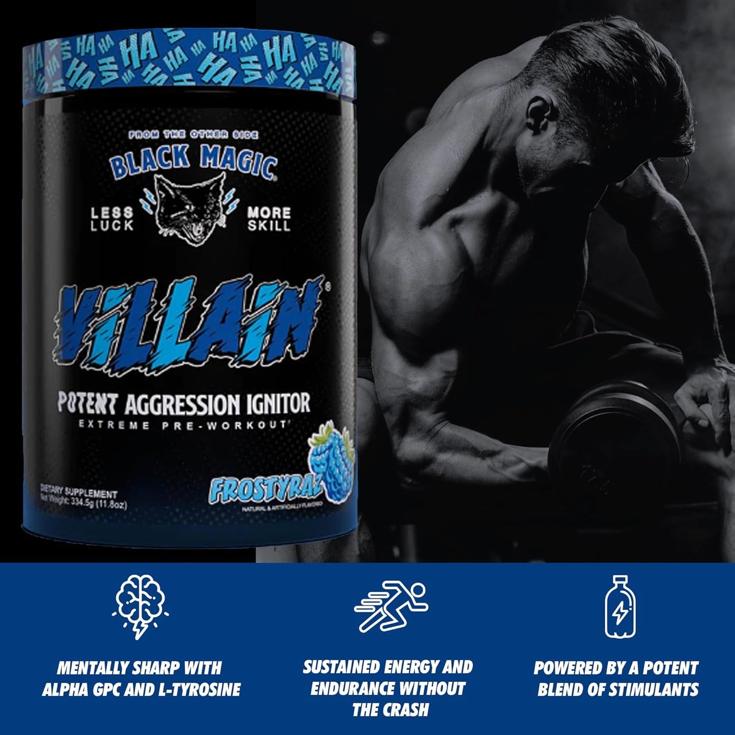 Global Nutrition Bundle for Black Magic Supply Frosty Blue Villain Pre Workout - Beta-Alanine, L-Tyrosine, Caffeine - 25 Servings + Keychain