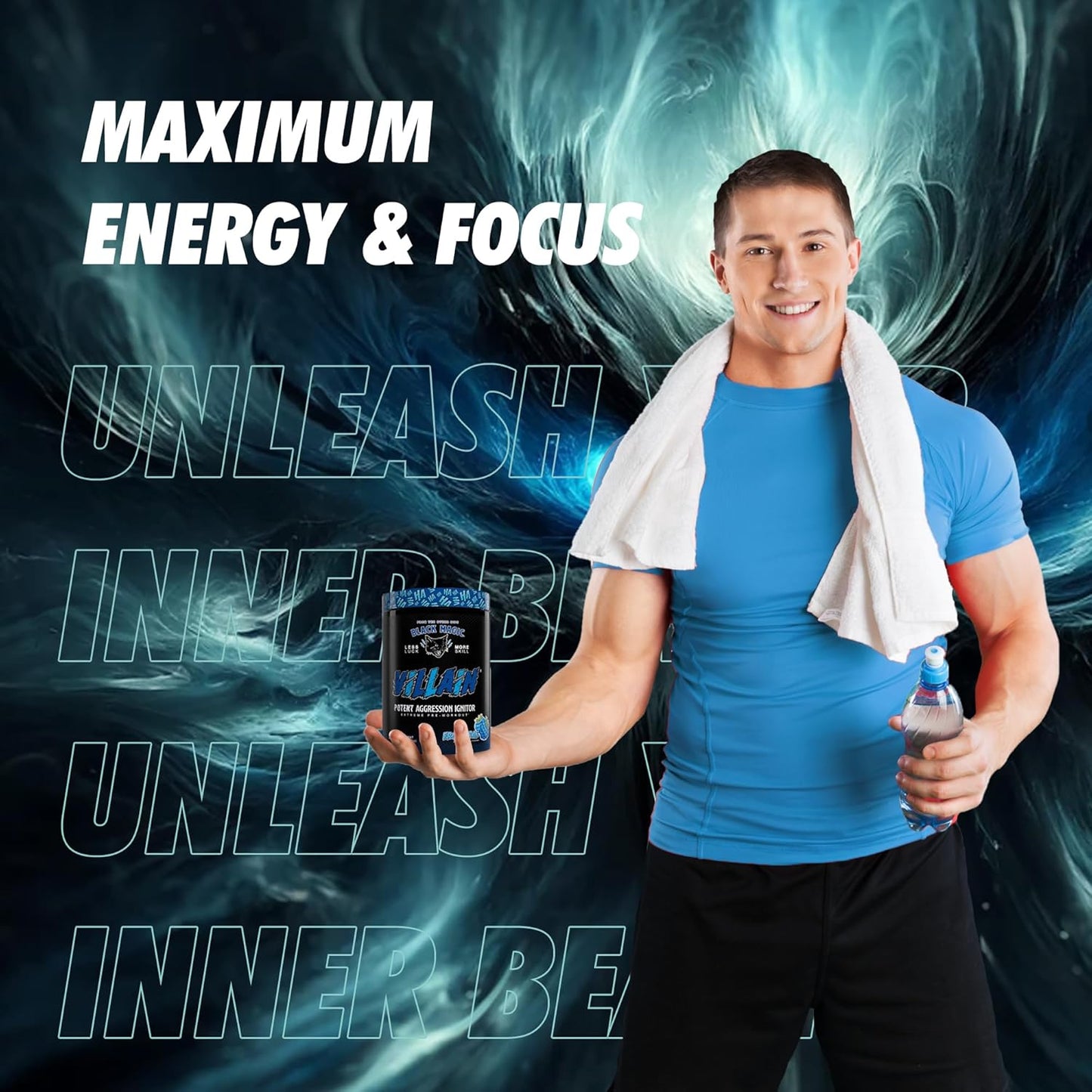 Global Nutrition Bundle for Black Magic Supply Frosty Blue Villain Pre Workout - Beta-Alanine, L-Tyrosine, Caffeine - 25 Servings + Keychain