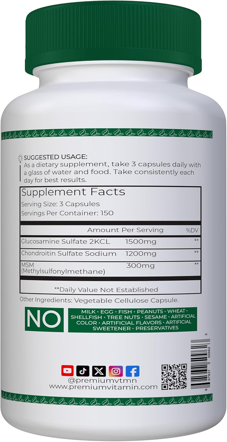 Glucosamine Chondroitin MSM Complex 3000mg | 5 Month Supply, 450 Capsules | Joint Support Supplement with Hair, Nail, Cartilage Benefits