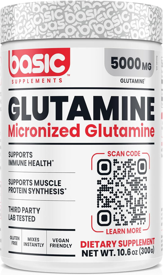 Glutamine Powder 5000mg for Muscle Recovery & Immune Support - Vegan, Gluten-Free, Unflavored - 60 Servings