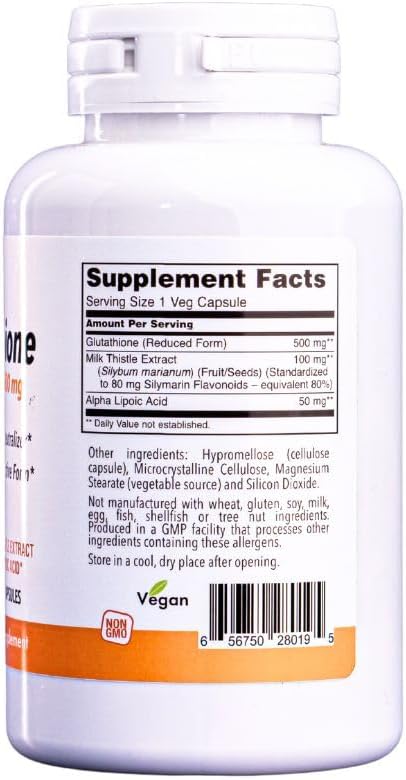 Glutathione 500mg with Alpha Lipoic Acid & Milk Thistle Extract - Natural Dietary Supplement for Radical Neutralization, Cardiovascular Health, and Liver Detox - 100 Capsules Pack