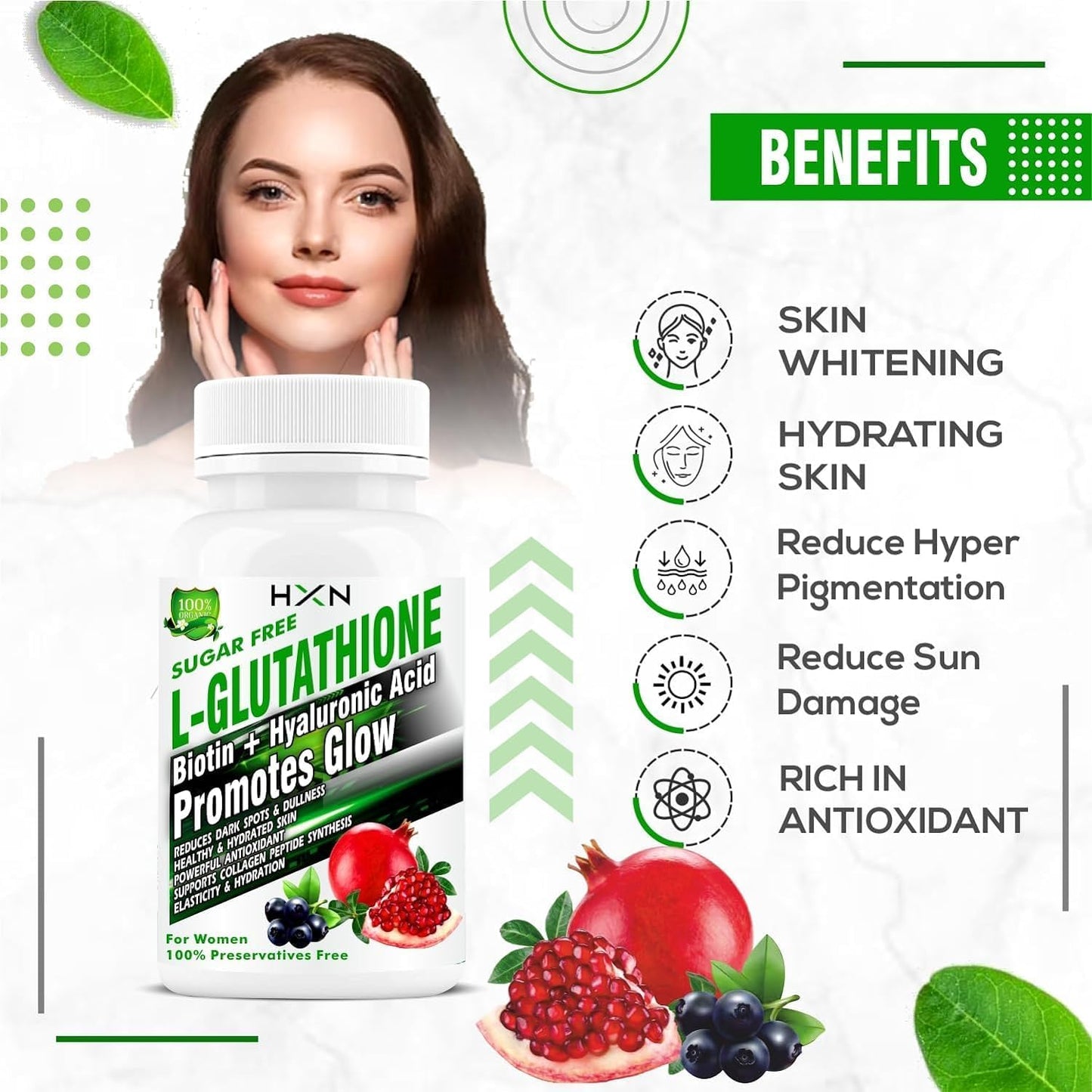 Glutathione Skin Whitening Tablets with Vitamins and Collagen - 90 Tablets, Sugar Free Pack for Women's Health and Hydration