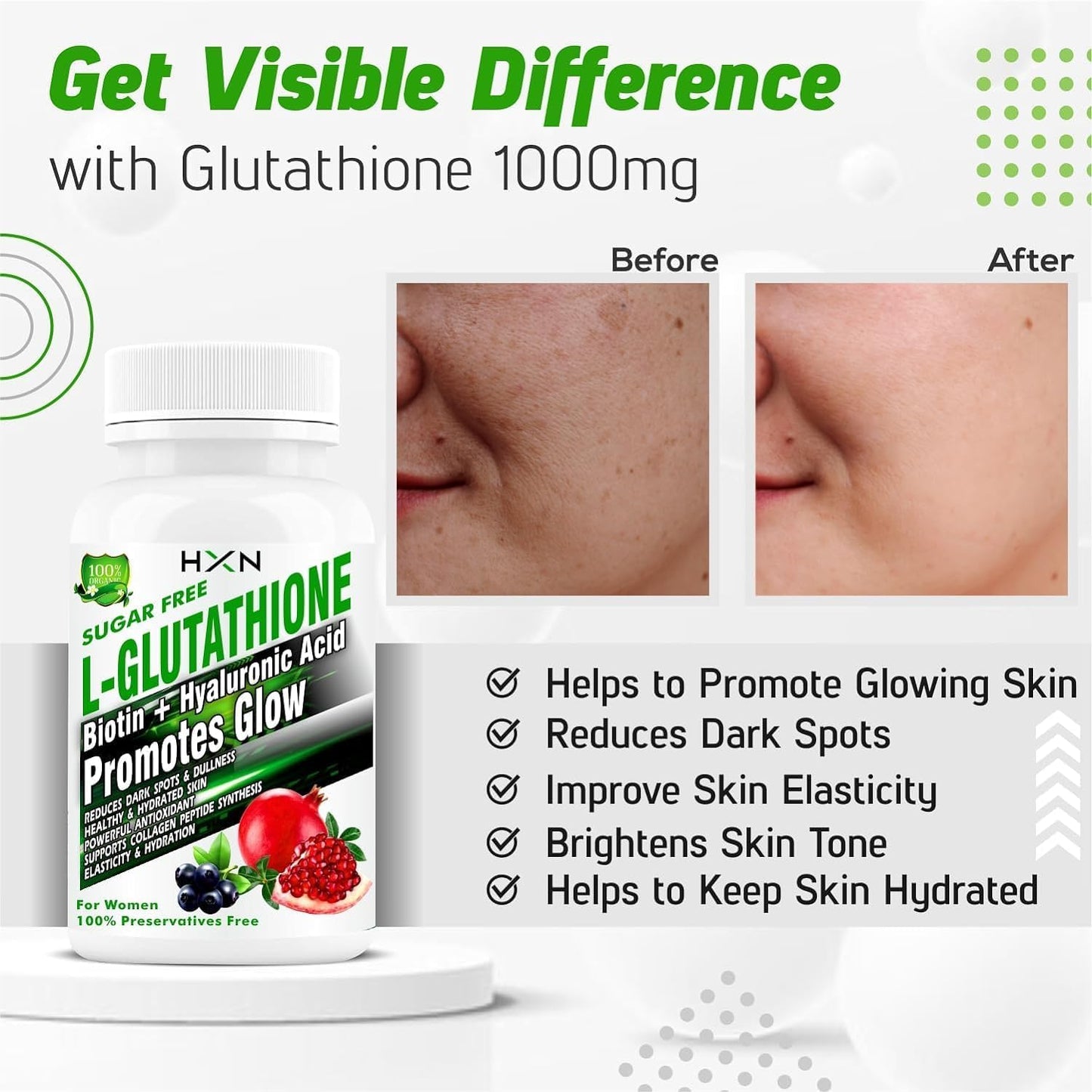 Glutathione Skin Whitening Tablets with Vitamins and Collagen - 90 Tablets, Sugar Free Pack for Women's Health and Hydration