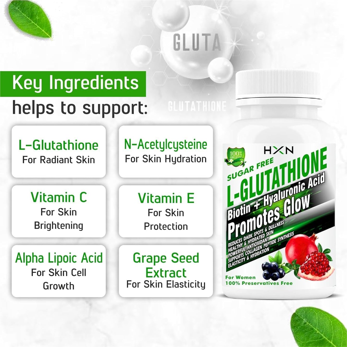 Glutathione Skin Whitening Tablets with Vitamins and Collagen - 90 Tablets, Sugar Free Pack for Women's Health and Hydration