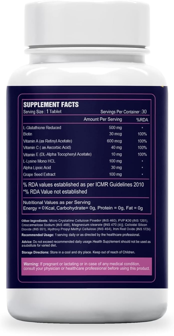 Glutathione Tablets with Biotin, Vitamins A, C, E, Alpha Lipoic Acid, and Grape Seed Extract - Skin Health Supplement for Men & Women - 30 Tablets