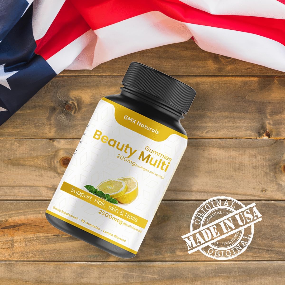 GMX NATURALS Hair and Nails Multivitamin Gummies - 90 Count Lemon Flavor - 2500mcg Biotin - Daily Beauty Supplement for Men, Women, Kids