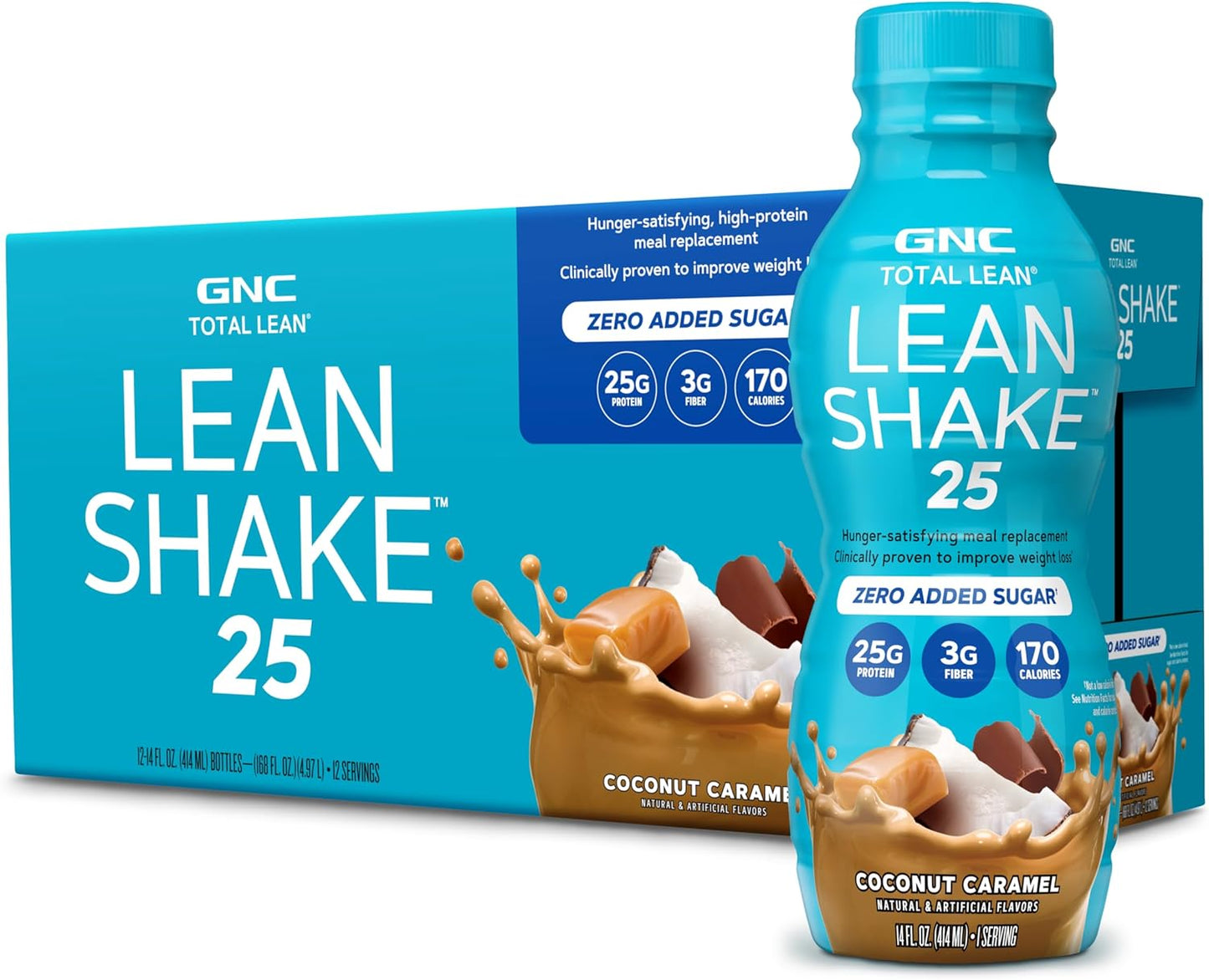 GNC Lean Shake 25 Coconut Caramel - 12 Bottles | High Protein Ready to Drink Meal Replacement with Vitamins & Minerals