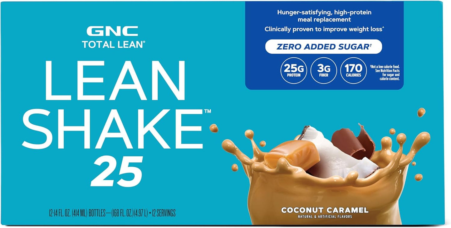 GNC Lean Shake 25 Coconut Caramel - 12 Bottles | High Protein Ready to Drink Meal Replacement with Vitamins & Minerals