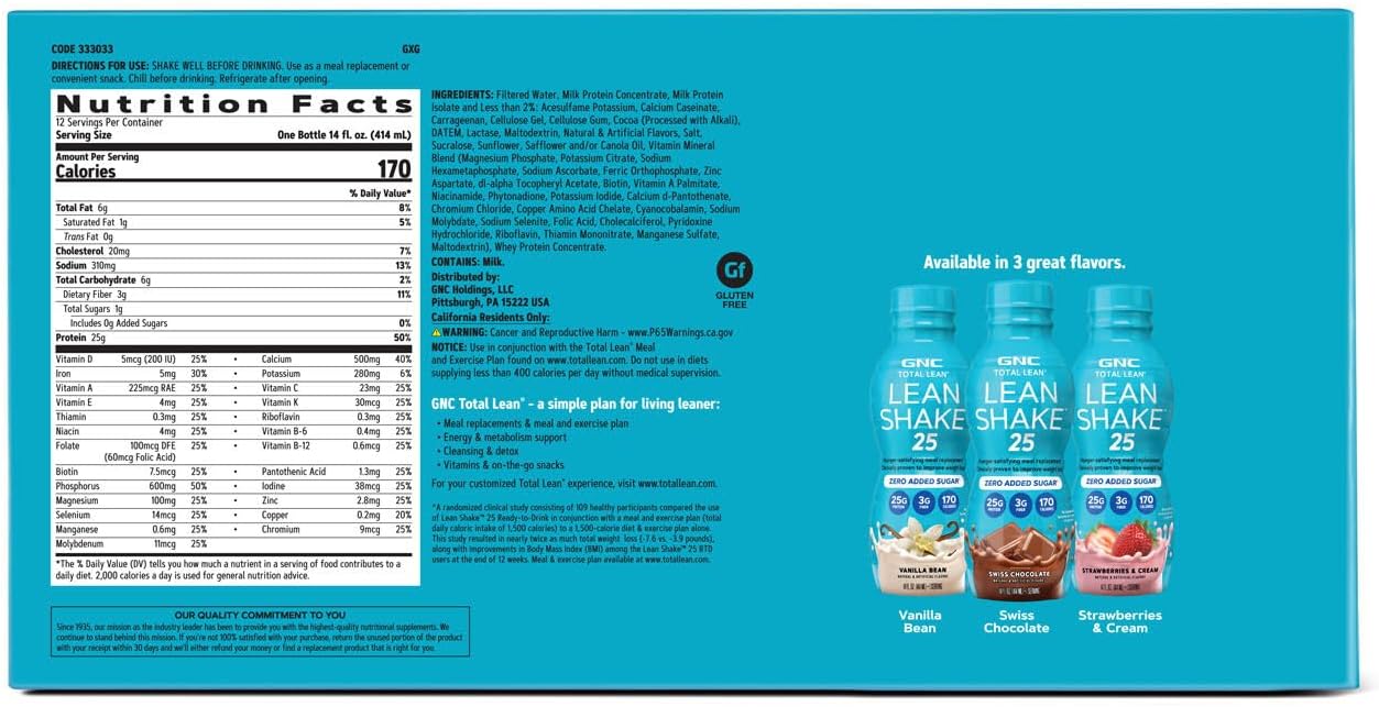 GNC Lean Shake 25 Cookies and Cream Ready to Drink Protein Shake - 12 Bottles - High Protein Meal Replacement with Vitamins and Minerals