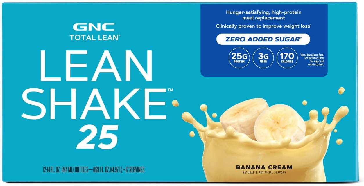 GNC Lean Shake 25 Ready to Drink Protein Shake - Banana Cream Flavor - 12 Bottles with 25g High Protein and Vitamins