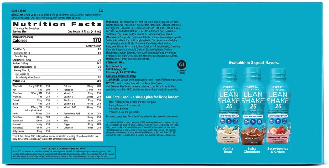 GNC Lean Shake 25 Ready to Drink Protein Shake - Banana Cream Flavor - 12 Bottles with 25g High Protein and Vitamins