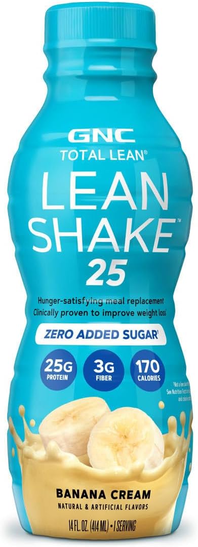 GNC Lean Shake 25 Ready to Drink Protein Shake - Banana Cream Flavor - 12 Bottles with 25g High Protein and Vitamins