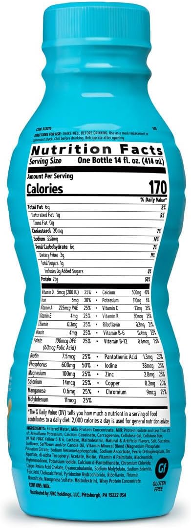 GNC Lean Shake 25 Ready to Drink Protein Shake - Banana Cream Flavor - 12 Bottles with 25g High Protein and Vitamins
