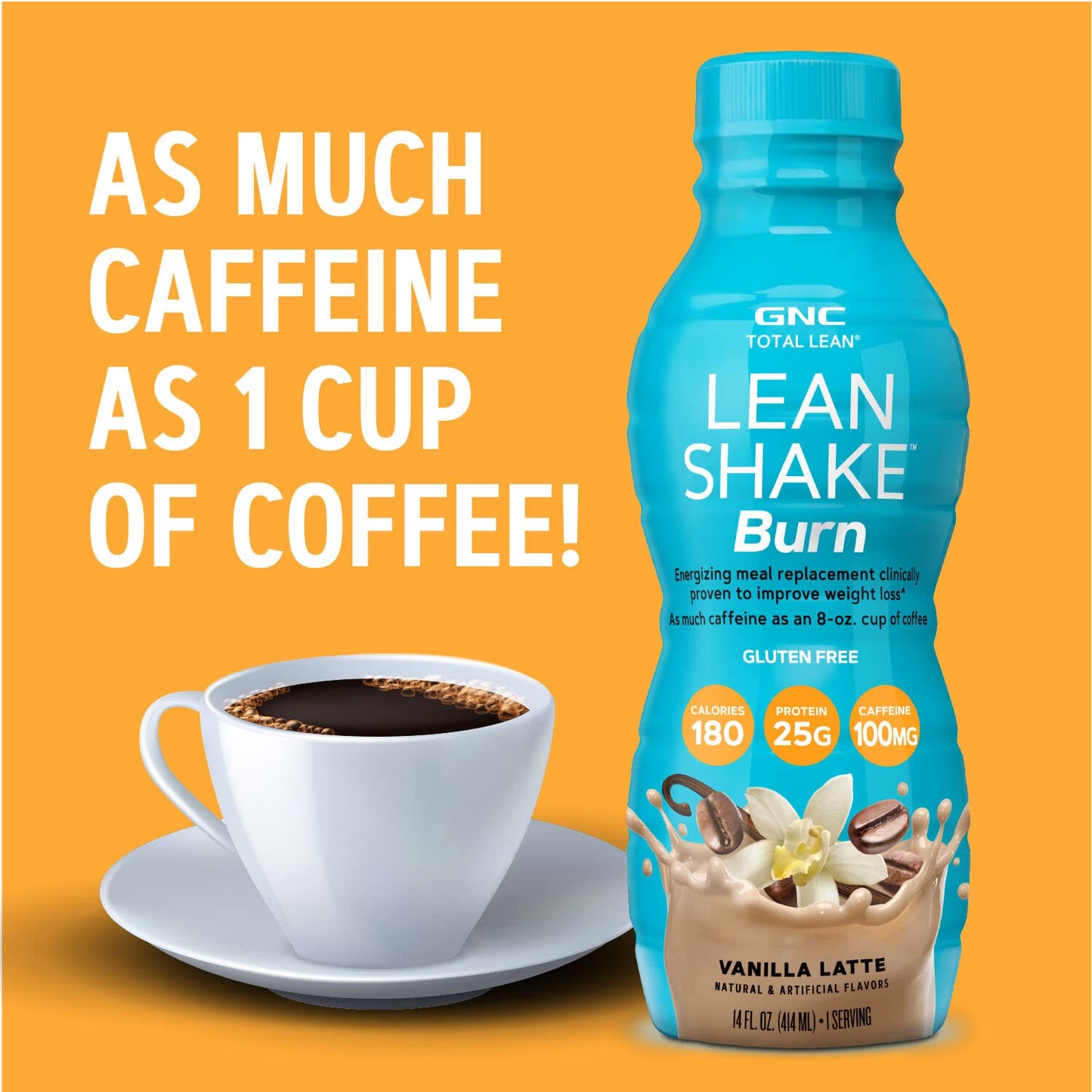 GNC Total Lean Shake Burn Vanilla Latte Ready-to-Drink Shake - 25g Protein Meal Replacement for Energy and Slimming Formula - Pack of 12 Bottles